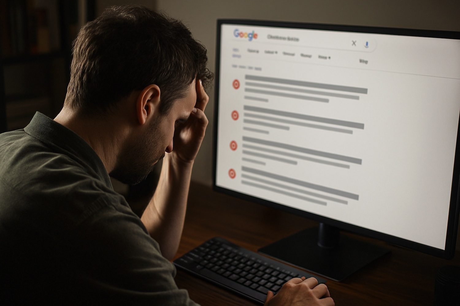 Man holding his head in frustration while staring at a Google search results screen